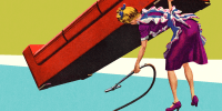 An illustration of a Woman Vacuuming Under a Sofa while lifting it up