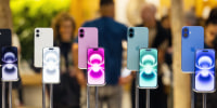 A display of iPhone 16 smartphones in a store in London