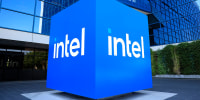 Intel logo outside headquarters in Santa Clara, Calif.