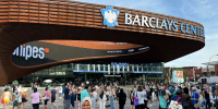 Barclays Center and street scene, Brooklyn, New York City, New York, USA