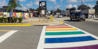 A rainbow crosswalk is installed on West Esther Street next to Pulse Nightclub