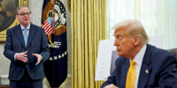 White House national economic council director Kevin Hassett speaks as President Donald Trump listens in the Oval Office on March 7, 2025. 
