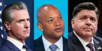 A split triptych image of Gavin Newsom, left, Wes Moore, center, and JB Pritzker.