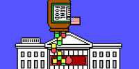 An animated White House gobbles supplements falling from a bottle labeled "REAL FOOD"