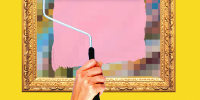 Photo illustration of a hand rolling paint over a painting