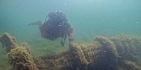 A person inspects the shipwreck.