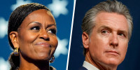 A split composite of Michelle Obama and Gavin Newsom.