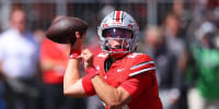Julian Sayin of the Ohio State Buckeyes throws while playing the Texas Longhorns on Aug. 30, 2025.