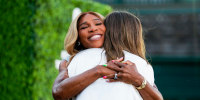 Serena Williams embraces Maria Sharapova during the 2025 Induction Celebration weekend.