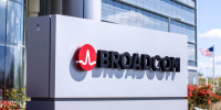 The Broadcom logo on a sign outside of the company building