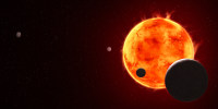 A blazing sun and moon are seen in space next to a much smaller exoplanet on the left