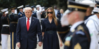 President Donald Trump and first lady Melania Trump attend a September 11th observance event in the courtyard of the Pentagon pn Sept. 11, 2025 in Arlington, Va.