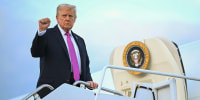 President Donald Trump boards Air Force One in Morristown, N.J., on Sept. 14, 2025 after spending the weekend at his Bedminster residence. 