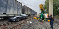 A Pennsylvania towing company was called to assist Sinking Spring Borough and Western Berks Fire Department moving a Tesla that had come to rest on active railroad tracks.