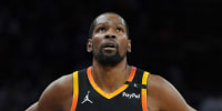 Kevin Durant on the the court during the first half of a basketball game against the Cleveland Cavaliers.