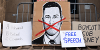 Signs are arranged during a protest at the El Capitan Entertainment Centre, where "Jimmy Kimmel Live!" was recorded for broadcast, in Los Angeles on Sept. 18, 2025. 