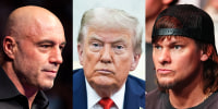 A three-way split composite image of Joe Rogan, left, Donald Trump, and Theo Von
