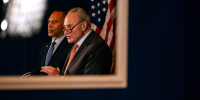 Sen. Chuck Schumer, D-N.Y., speaks as Rep. Hakeem Jeffries, D-N.Y.,
