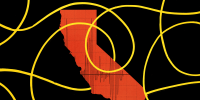 Photo illustration of the state shape of California covered with a network of yellow cables 
