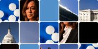 Photo grid of obscured images including Kamala Harris, the U.S. Capitol, Cal Raleigh, and generic pills 