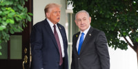 Donald Trump, left, and Benjamin Netanyahu stand outside