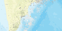 A map showing the location of the epicenter (marked with a star) of the earthquake that struck Saturday, Sept. 13, 2025, near Russia's Kamchatka region. Historic earthquakes are also shown on the map. 