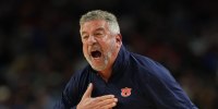 Apr 5, 2025; San Antonio, TX, USA; Auburn Tigers head coach Bruce Pearl reacts after a play against the Florida Gators during the second half in the semifinals of the men's Final Four of the 2025 NCAA Tournament at the Alamodome. Mandatory Credit: Bob Donnan-Imagn Images