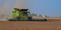Soybeans are harvested on the Warpup Farm in Warren, Ind.