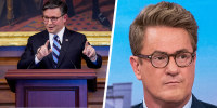 Side by side of Mike Johnson and Joe Scarborough.