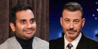 A split composite of Aziz Ansari and Jimmy Kimmel.