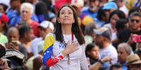 María Corina Machado gestures during an anti-government protest.
