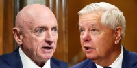 A split composite image of Mark Kelly, left, and Lindsey Graham