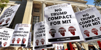 Signs at MIT's Graduate Student Union in Cambridge, Mass., on Oct. 10, 2025. 