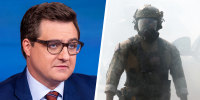 Chris Hayes; A Border Patrol agent walks through a cloud of tear gas.