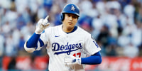 Shohei Ohtani #17 of the Los Angeles Dodgers rounds the bases after hitting a home run during the first inning against the Milwaukee Brewers in game four of the National League Championship Series at Dodger Stadium on October 17, 2025 in Los Angeles, Calif.