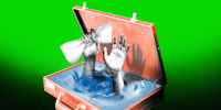 Photo illustration against a bright green background of hands inside of a briefcase, reaching up. 
