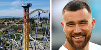 Six Flags Magic Mountain theme park in Valencia, California and Travis Kelce. 