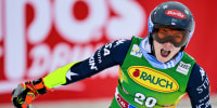 United States' Mikaela Shiffrin celebrates at the finish area of an alpine ski, women’s World Cup giant slalom in Soelden, Austria, Saturday, Oct. 25, 2025.