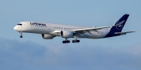A Lufthansa Airlines plane in flight.