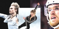 Photo illustration of Ilia Malinin, Amber Glenn, and Connor McDavid.