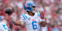 Ole Miss Rebels quarterback Trinidad Chambliss (6) throws a pass during a college football game between the University of Oklahoma Sooners (OU) and the Ole Miss Rebels at Gaylord Family Ð Oklahoma Memorial Stadium in Norman, Okla., Saturday, Oct. 25, 2025. Ole Miss won 34-26.