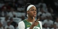 Sep 14, 2025; Las Vegas, Nevada, USA; Seattle Storm center Dominique Malonga (14) gestures to a teammate before foul shot by the Las Vegas Aces in the second quarter during game one of round one for the 2025 WNBA Playoffs at Michelob Ultra Arena. Mandatory Credit: Candice Ward-Imagn Images