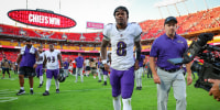 KANSAS CITY, MISSOURI - SEPTEMBER 28: Lamar Jackson #8 of the Baltimore Ravens walks off the field following the 37-20 loss to the Kansas City Chiefs following the NFL 2025 game between Baltimore Ravens and Kansas City Chiefs at Arrowhead Stadium on September 28, 2025 in Kansas City, United States. (Photo by David Eulitt/Getty Images)