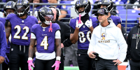 BALTIMORE, MARYLAND - OCTOBER 12: Head coach John Harbaugh of the Baltimore Ravens looks on during the third quarter against the Los Angeles Rams in the game at M&T Bank Stadium on October 12, 2025 in Baltimore, Maryland (Photo by G Fiume/Getty Images)