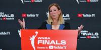 Oct 3, 2025; Las Vegas, Nevada, USA; WNBA Commissioner Cathy Engelbert talks during a presser before the start of game one of the 2025 WNBA Finals between the Phoenix Mercury and the Las Vegas Aces at Michelob Ultra Arena. Mandatory Credit: Stephen R. Sylvanie-Imagn Images