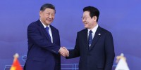 China's President Xi Jinping and South Korea's President Lee Jae Myung shake hands on Nov. 1, 2025.
