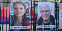 Posters of Jacques Paris and Cecile Kohler on the front of The National Assembly on Sept. 15, 2025 in Paris.