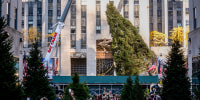 Rockefeller Center Christmas tree arrives at plaza in NYC.