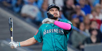 Josh Naylor of the Seattle Mariners hits a home run against the Toronto Blue Jays in game six of the American League Championship Series on Oct. 19, 2025 in Toronto.