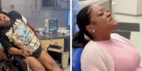 Karrie Jones sits in a wheelchair while in labor; Mercedes Wells cries and grimaces while in labor.